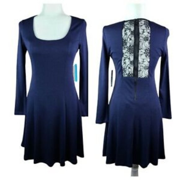 NWOT Alice and Olivia Navy Blue scoop neck, lined skater dress with lace… - Picture 1 of 12